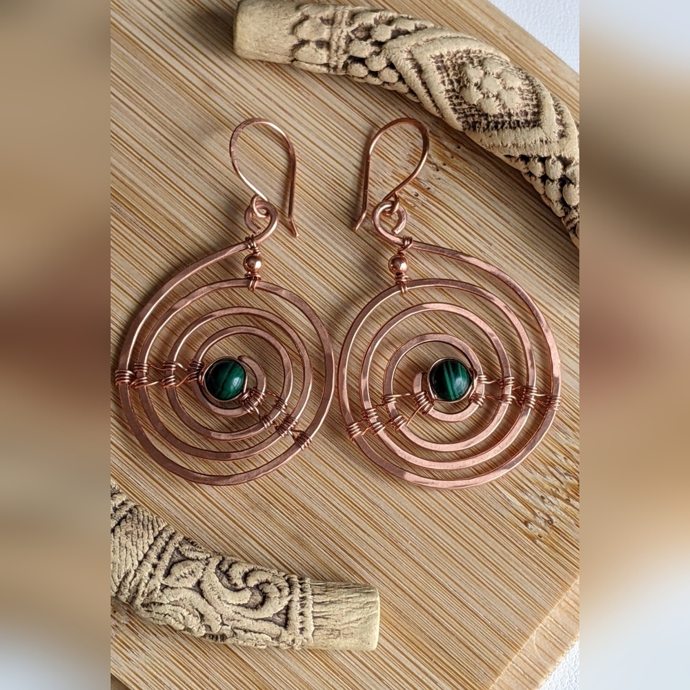 Industrial Urban Copper Spiral Earrings Natural Malachite Gems Earthy Bold - Picture 2 of 12